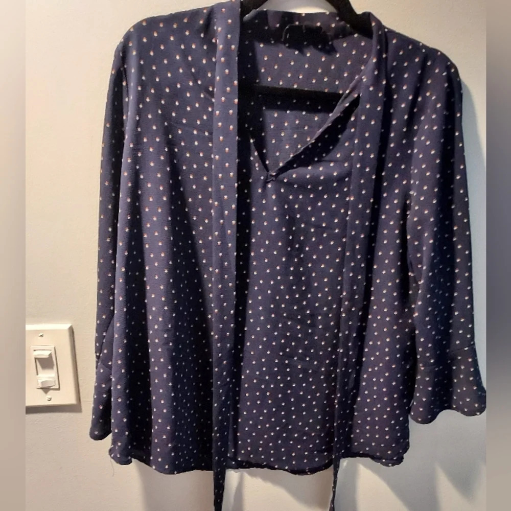Sweet Wanderer Navy Blue Polka Dot Neck Tie Blouse in Size XL